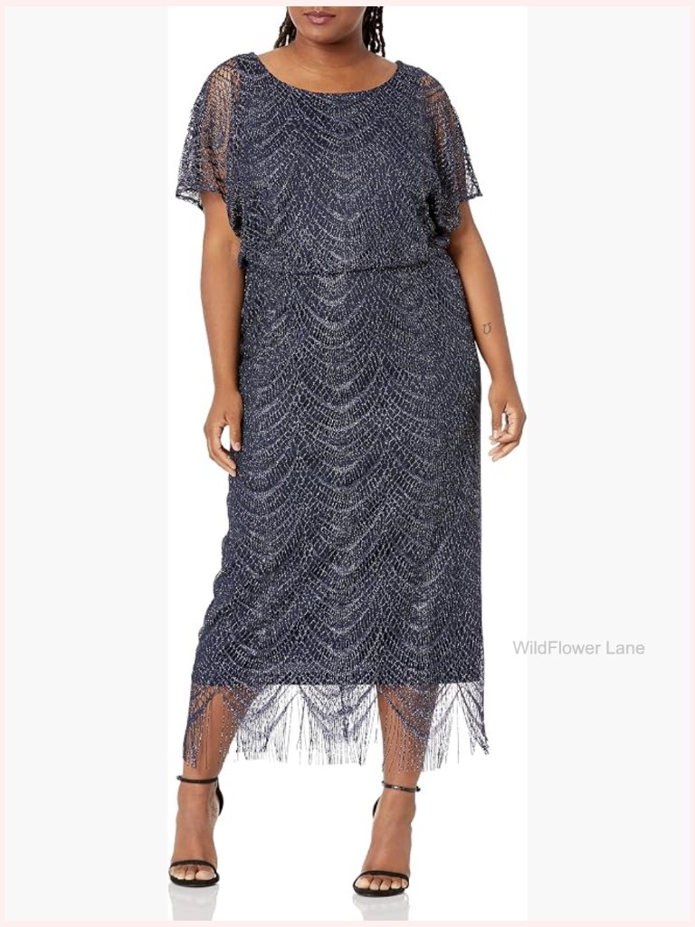 Metallic Crochet Maxi Dress With Fringe Cape Sleeves Blouson